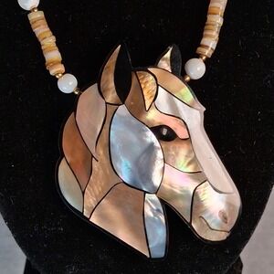 Vintage Mother of Pearl Abalone Shell Horse Head Inlay Necklace Heishe Beaded